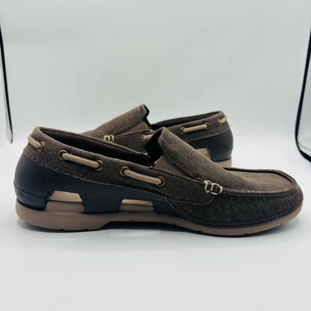 CROCS Men's Brown Canvas Slip-On Boat Shoe with Tan Accents